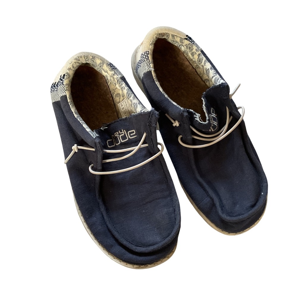Hey Dude Wally Youth Linen Natural Navy Canvas Slip On Loafers Shoes Size Y6 L7